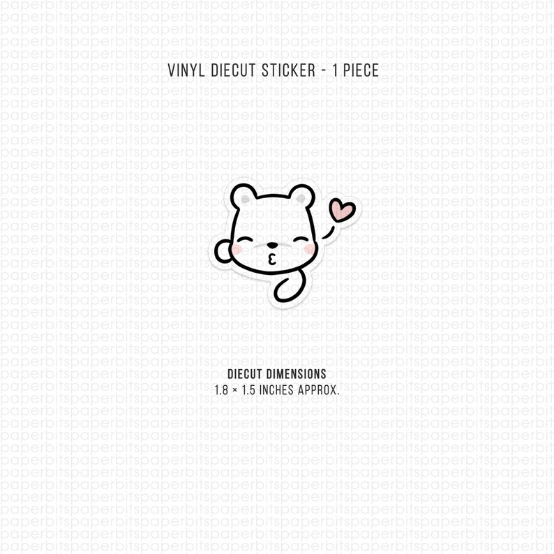 May include: White vinyl sticker of a cartoon bear blowing a kiss with a pink heart. The sticker is approximately 1.8 inches by 1.5 inches.