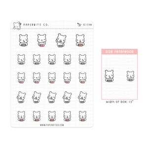 Könnte beinhalten: Ein Stickerbogen mit Cartoon-Bären-Illustrationen in verschiedenen Posen. Die Bären sind weiß mit schwarzen Umrissen und tragen ein graues oder rosa Accessoire. Die Boxbreite der Größenreferenz beträgt 3,8 cm.