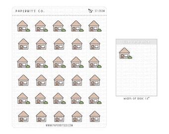 May include: A sticker sheet from Paperbits Co. featuring 25 small house illustrations with pink roofs and green bushes. The sheet includes the text Paperbits Co., ST-263M, and a size reference box indicating a width of 1.5 inches.