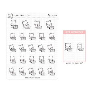Peut inclure: Une feuille de 20 autocollants représentant des ours blancs avec un cœur rose sur la poitrine. Chaque ours est assis sur un ordinateur portable. La feuille d'autocollants est intitulée "PAPERBITS CO." et "BC-012M". Une image de référence de taille montre deux ours sur des ordinateurs portables avec le texte "size reference" et "width of box: 1.5"