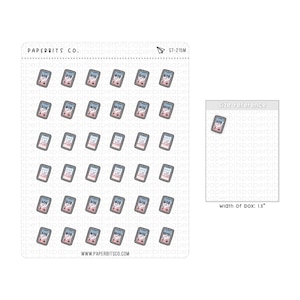 Puede incluir: Hoja de pegatinas para planificador con pequeñas ilustraciones rectangulares de teléfonos inteligentes que muestran horas de 1:00 a 12:00. Las pegatinas son en tonos de rosa, azul y blanco. El ancho de la caja es de 3,8 cm.