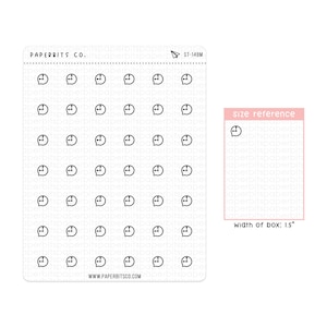 Peut inclure: Une feuille de papier autocollant transparent avec un motif quadrillé. La feuille contient 49 icônes d'horloge noires et blanches. Le texte "PAPERBITS CO." et "ST-148M" est imprimé en haut de la feuille. Une boîte de référence de taille montre une seule icône d'horloge et le texte "width of box: 1.5" pouces.