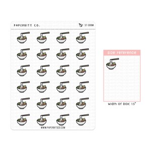 May include: A sheet of 25 stickers featuring a cartoon illustration of a bowl of noodles with chopsticks. The stickers are arranged in a grid pattern. The text "PAPERBITS CO." and "ST-008M" are at the top of the sheet. A size reference box shows a single sticker with the text "size reference" and "width of box: 1.5" inches.