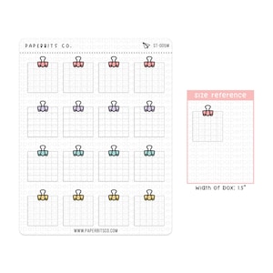May include: A sheet of 16 printable planner stickers featuring colorful paper clips. Each sticker is a 1.5 inch square with a grid pattern. The stickers are designed for use in planners, journals, and other paper goods.