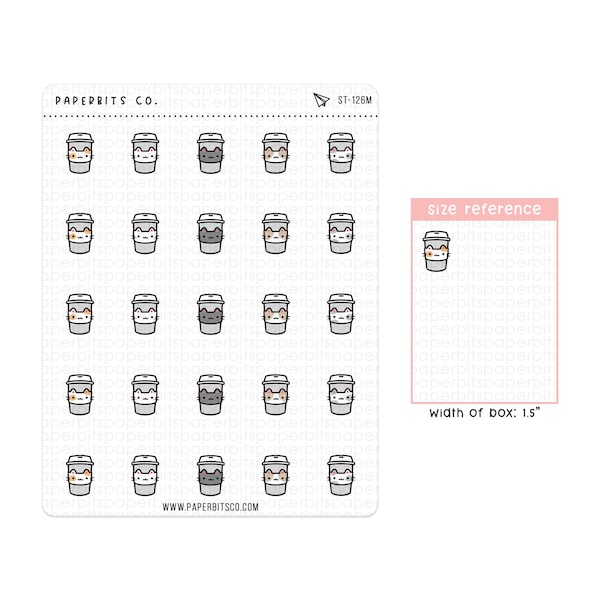 Cute Cat Coffee Travel/To-Go Cup Icons (ST-126) - 1 Sticker Sheet // For Planners and Bullet Journals