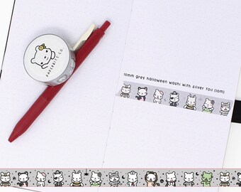 Washi Tape - 15mm - Grey Halloween Bears with Silver Foil (WS-034)