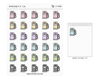 May include: A sticker sheet from Paperbits Co. labeled ST-264M featuring thirty small gas pump illustrations in various pastel colors. A separate size reference box shows a single gas pump icon with a width of 1.5 inches.