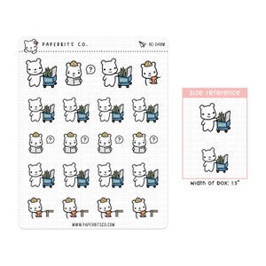 May include: A sheet of stickers featuring a white bear wearing a hard hat and pushing a blue cart with a green plant and the word "IKEA" on it. The stickers are arranged in a grid pattern and there are 25 stickers in total. The sheet is white with a black border and the text "PAPERBITS CO." and "BC-048M" at the top. The text "size reference" and "width of box: 1.5" is also included on the sheet.