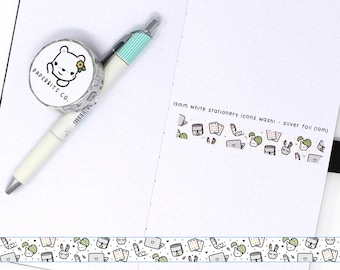 Washi Tape - 15mm - White Planning/Stationery Icons with Silver Foil (WS-042)