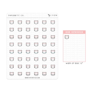 May include: A sheet of stickers featuring 36 different white cat faces with various expressions, including happy, sad, blushing, and surprised. The stickers are arranged in a grid pattern on a white background. The sheet is labeled "PAPERBITS Co." and "ST-037M". A size reference box shows a single sticker with the text "width of box: 1.5"