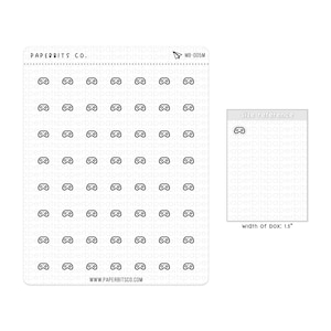 Puede incluir: Una hoja de pegatinas con pequeñas ilustraciones en negro de mandos de videojuegos. Las pegatinas están dispuestas en una cuadrícula sobre un fondo blanco. El texto "PAPERBITS CO." y "MB-005M" son visibles. El ancho de la caja es de 3,8 cm.