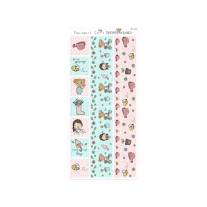 May include: A set of three planner stickers featuring a spring theme. The stickers are on a white background with pink and blue accents. The stickers feature a girl with flowers, a girl riding a bike, a girl watering a plant, a bee, a watering can, a flower pot, and the text "Hello spring!" and "Seize the day".
