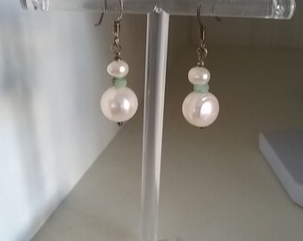 Freshwater pearl and rough emerald earrings