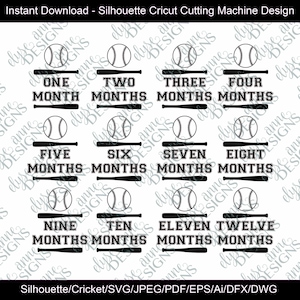 Download instantâneo SVG/DFX: Foto mensal do bebê com tema de beisebol - Conjunto de 12 meses - Silhueta/Arquivo Cricut - Conjunto de marcos do primeiro ano