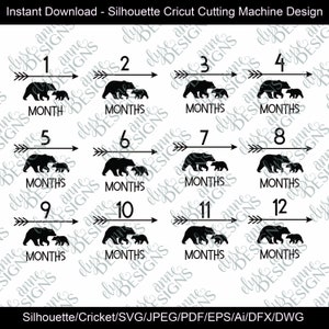 SVG / DFX Téléchargement instantané: Numéro Bear Theme Baby Monthly Photo - 12 Month Set Infant Outfit - Silhouette / Cricut File - First Year Milestone