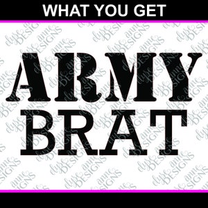 May include: Black and white text graphic that reads "WHAT YOU GET ARMY BRAT".