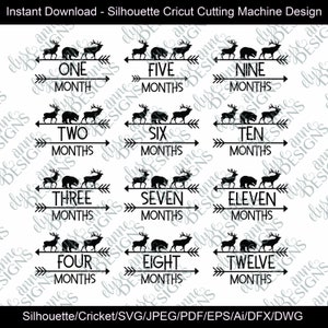 SVG/DFX Sofort Download: Waldland Thema Baby Monatsfoto - 12 Monate Set Outfit - Silhouette/Cricut - Erster Jahrgang Meilenstein - Shower Geschenk