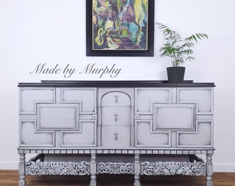 SOLD SOLD SOLD Pale grey ornate carved sideboard with light distressing