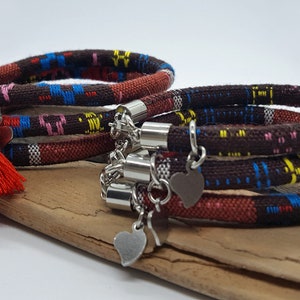 Cotton bracelet, 1 row, orange-brown print, stainless steel charms and fasteners, boho style
