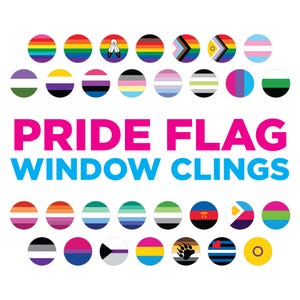 May include: A selection of Pride flag window clings. The image showcases diverse circular designs representing various LGBTQ+ identities, arranged around the text "PRIDE FLAG WINDOW CLINGS" in pink and blue. Each circle displays a unique flag design.