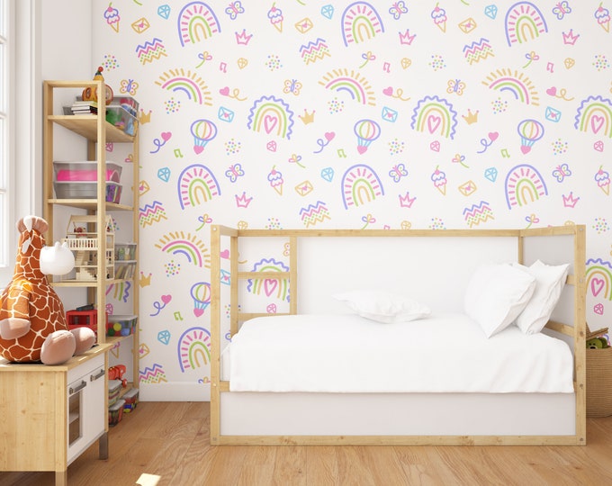 Peal and Stick Removable Rainbow and balloons wallpaper baby room or living room Self Adhesive Wallpaper 48 hours production