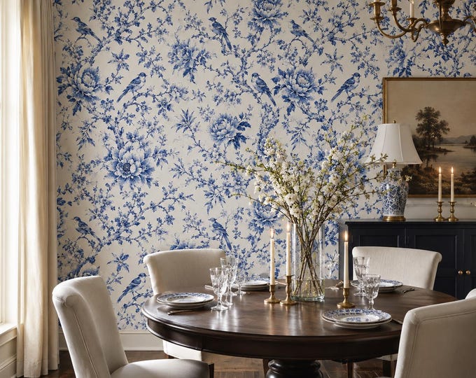 Chinoiserie Peel and Stick Wallpaper, Blue and White Removable Wallpaper, Asian Bird Floral Wall Mural, Renter Accent Wall