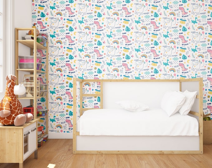 Dinosaurs and Unicorn wallpaper Dino room or living room Peal and Stick Removable Self Adhesive Wallpaper 48 hours production