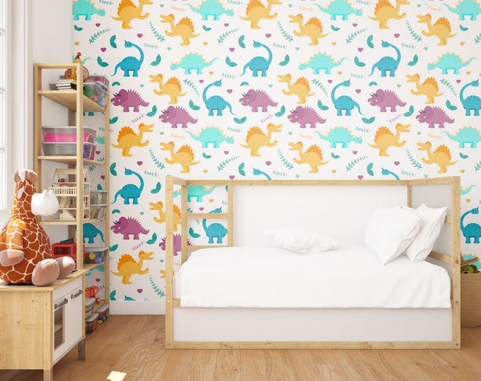 Kid room wallpaper Dinosaurs wallpaper Dino room or living room Peal and Stick Removable Self Adhesive Wallpaper 48 hours production