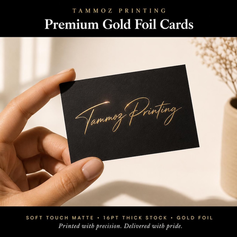 Puede incluir: Una tarjeta de visita rectangular negra con el texto Tammoz Printing en una fuente de escritura de l&aacute;mina de oro met&aacute;lico. La tarjeta tiene un acabado mate y se sostiene entre los dedos, mostrando la calidad reflectante de las letras doradas sobre el fondo oscuro.