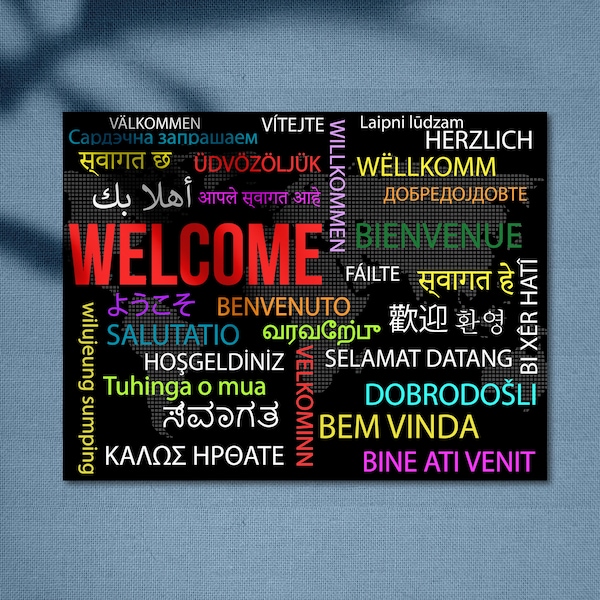 Welcome in many languages. Digital download for poster or yard sign