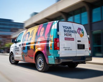 May include: A white commercial van with colorful graphics and the text "YOUR BUSINESS HERE." The van has a vibrant design with images of people and abstract shapes. The vehicle is driving on a road.
