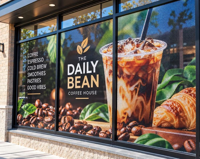 Custom Perforated Window Vinyl, One Way Vision Window Decal, Storefront Window Graphics, Custom Business Window Advertising