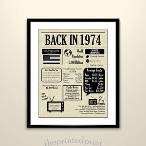 Terug in 1974 afdrukbare krantenposter, trivia 1974, DIY-printen, lastminutecadeau, direct downloaden