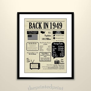 Zurück im Jahr 1949 Zeitung Poster druckbare, 76er Geburtstag Dekoration, 1949 Fakten, DIY Druck, Last Minute Geschenk, Instant Download, 1949