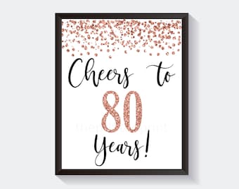 Cheers to 80 Years, 8x10, 11x14, 80th Birthday Sign, 80th Anniversary, Rose Gold Confetti, Birthday Sign, Birthday Decor, Rose Gold Glitter