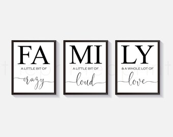 Crazy Loud Love Print Set, Family Decor Prints, Art for the Home, A Little Bit of Crazy, Little Bit of Loud, Whole Lot of Love, Triptych Art