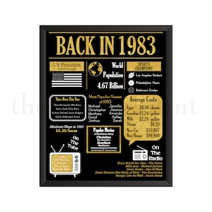 Terug in 1983 zwart-gouden krantenposter afdrukbaar, versiering 42e verjaardag, informatieblad 1983, DIY-afdruk, last-minute cadeau-idee