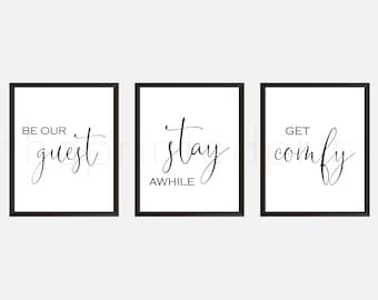 Guest Room Prints | Be Our Guest | Stay Awhile | Get Comfy | Airbnb Decor | Guestroom Decor | Rental Wall Print | Guest Room Art