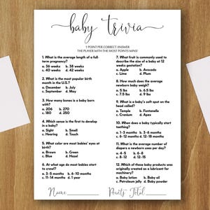 Jeu-questionnaire sur la baby shower | Jeux de baby shower | Anecdotes sur les baby showers | Quiz amusant sur la révélation du genre | Jeu-questionnaire | Impression facile 8,5 x 11 pouces