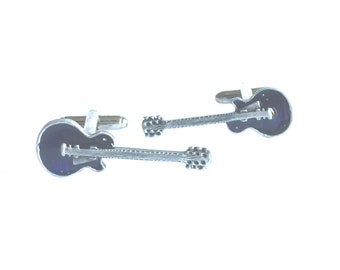 Black Electric Guitar Design Cufflinks with Personalised Engraved Chrome Case