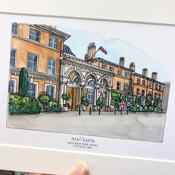 Wedding venue painting, personalised watercolour wedding venue, oatlands park hotel