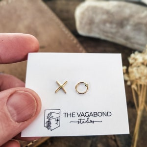 xo earrings, xo studs, simple silver studs, asymmetrical studs, asymmetrical earrings, silver earrings, silver studs, gold fill studs 14k gold fill