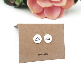 Small, solid sterling silver mountain earrings, Handmade and handstamped, Small and sweet studs, Cute and simple earrings to wear everyday