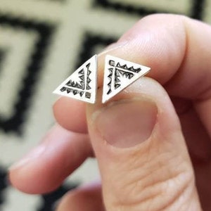 Handstamped, hand cut, solid sterling silver studs.
