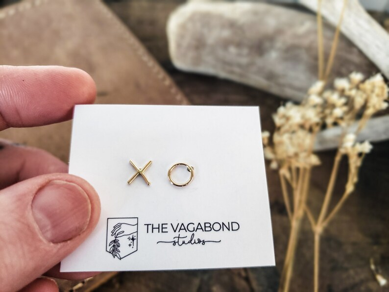 xo earrings, xo studs, simple silver studs, asymmetrical studs, asymmetrical earrings, silver earrings, silver studs, gold fill studs 14k gold fill