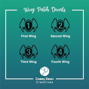 May include: Four black and white wing patch decals with numbers 1 through 4. The decals are shaped like wings with a shield in the center. The text "Wing Patch Decals" is at the top of the image. The text "First Wing", "Second Wing", "Third Wing", and "Fourth Wing" are below each decal. The text "Casey Dean Creatives" is at the bottom of the image.