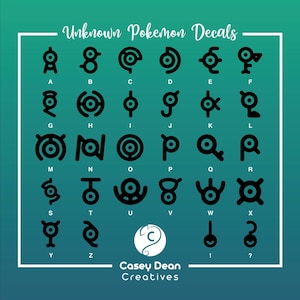 May include: A chart of the 26 letters of the alphabet represented by the Pokemon Unknown, a creature with a unique symbol for each letter. The symbols are black on a teal background.