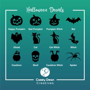 May include: A set of 12 Halloween-themed decals featuring various characters and objects, including a happy pumpkin, a sad pumpkin, a pumpkin witch, a bat, a ghost, a cat, a cat witch, a witch, a cauldron, a skull, a cauldron witch, and a spider. The decals are black and white and are arranged in a grid.