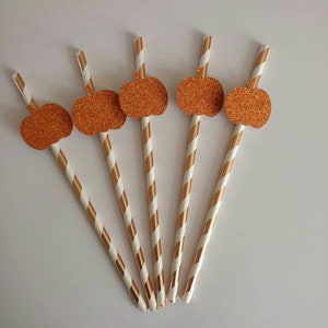 Set of 10 Glitter Pumpkin Striped Paper Straws, Halloween Party Straws, Fall Birthday Straws, Thanksgiving Party Straws
