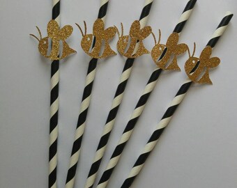 Glitter Bumble Bee Paper Straws, Baby Shower Decor (Set of 10)